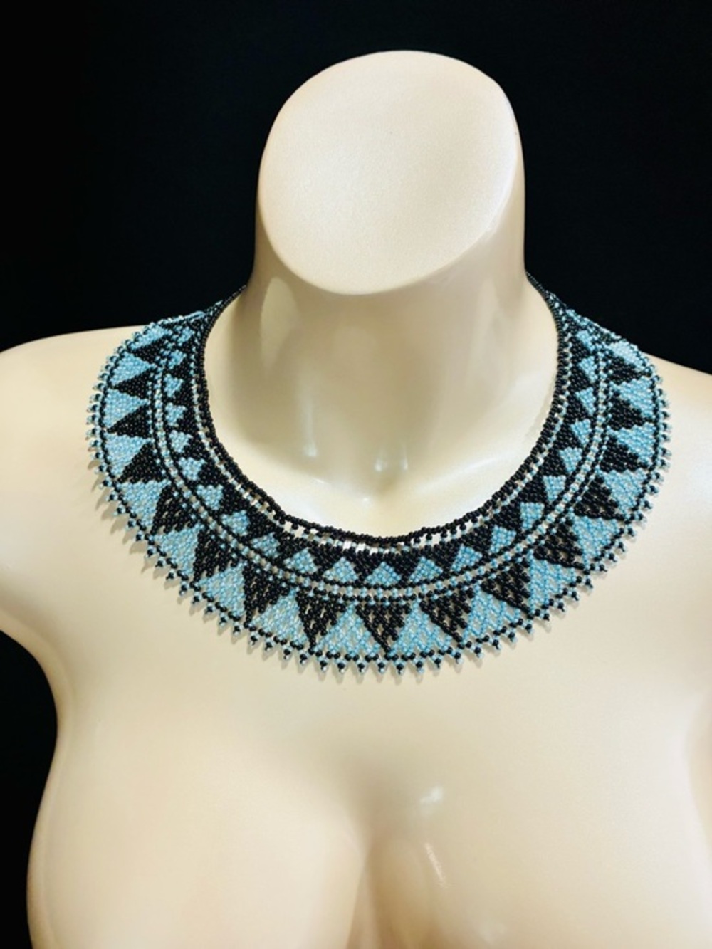 Source Unknown Black and Light Blue Geometric Beaded Collar Necklace Summer Chic